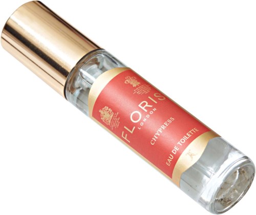 A small glass perfume bottle with a gold cap and red label. It is labeled "FLORENSI" and "CHYPRE".