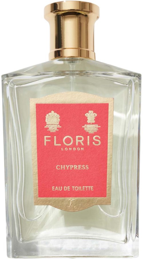 A perfume bottle with a gold cap, labeled 'Floris London Chypress Eau de Toilette'.