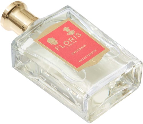 A clear perfume bottle with a gold cap, labeled Floris London Chypre Eau de Toilette.