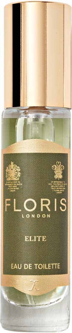 Een parfumfles met 'Floris Elite Eau de Toilette' label, gouden dop en groenachtig vloeistof binnen.
