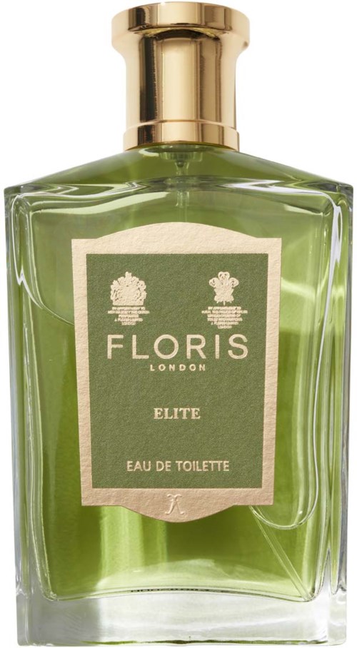 Een groene parfumfles met een gouden dop en een label dat zegt Floris Elite Eau de Toilette.