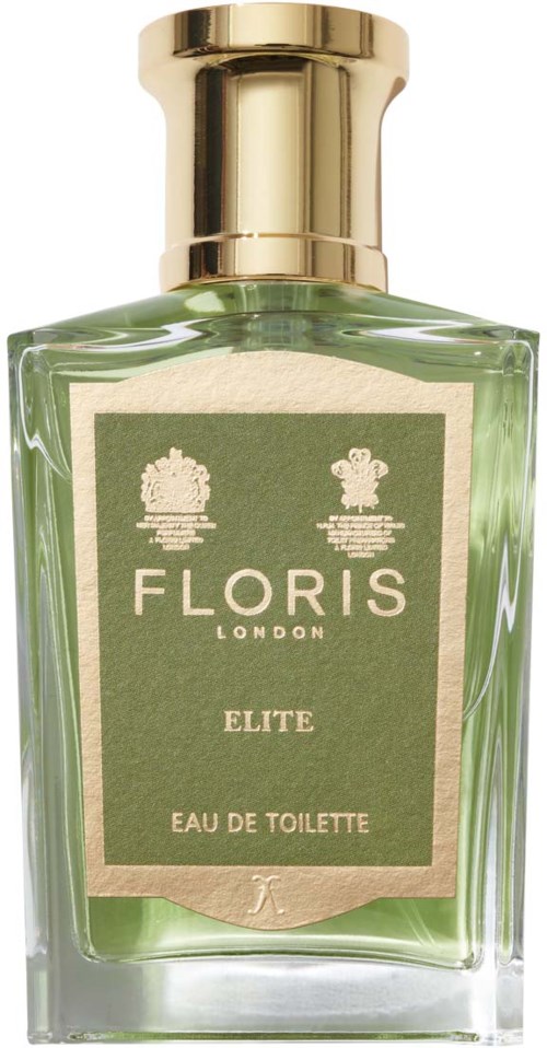 A bottle of Floris London Elite Eau de Toilette with green liquid and a gold cap.