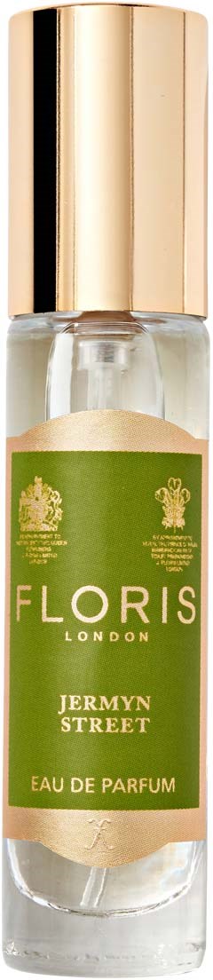 Kleine parfumfles met groen etiket en gouden dop, genaamd Jermyn Street. Het zegt Eau de Parfum van Floris London.