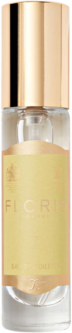 Kleine klare Glasflasche mit goldener Kappe und hellgelbem Etikett, enthält eine flüssige Substanz.