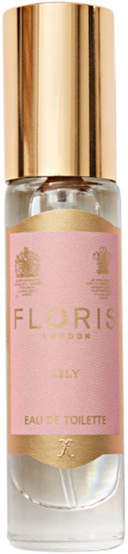 Kleine Parfümflasche mit rosa Etikett, goldener Kappe und klarem Glas, das Parfüm zeigt.