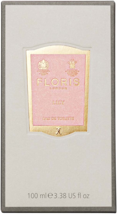 Een parfumdoos met roze en goud etiket, merknaam Floris London, en 100 ml volume.
