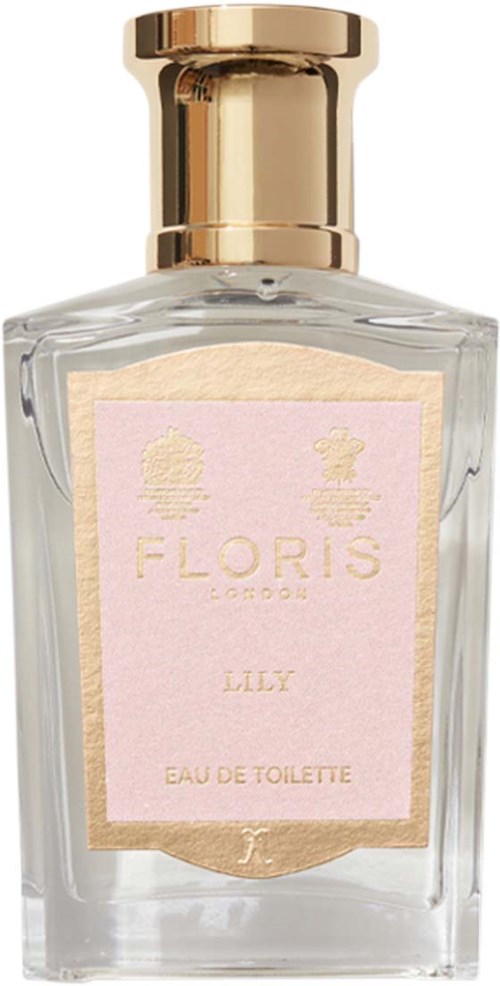 Eine klare Glasparfümflasche mit Goldkappe, beschriftet 'Floris Lily Eau de Toilette.'