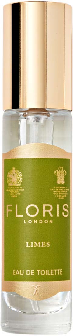 Kleine Parfüfflasche mit der Beschriftung 'Floris Limes Eau de Toilette' und goldener Kappe.