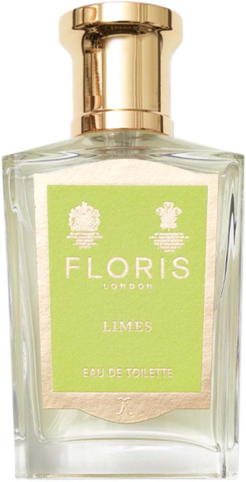 Een heldere parfumfles met een groene etiket, gouden dop en de tekst 'Floris London Limes Eau de Toilette.'