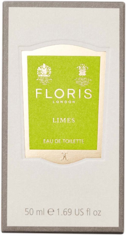 Een wit doosje met een groen label voor Floris London Limes Eau de Toilette, 50 ml. Eenvoudig ontwerp met tekst en kleine symbolen.