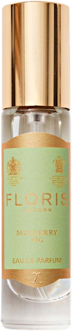 A small perfume bottle with a gold cap and light green label, labeled 'FLORIS' and 'MUSKERRY'.