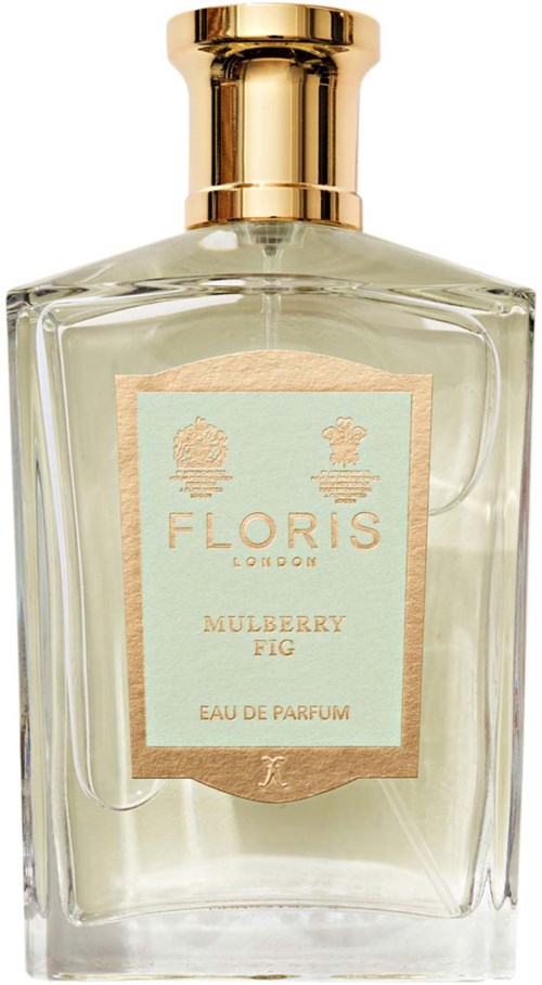 Een heldere parfumfles met een gouden dop, gelabeld 'Floris London Mulberry Fig Eau De Parfum.'
