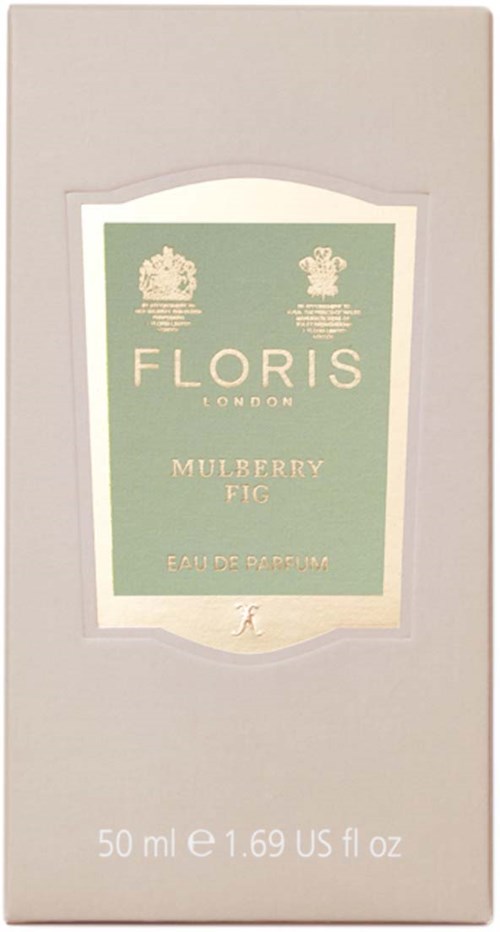 Een zachtgekleurd parfumdoosje met 'Floris London Mulberry Fig Eau de Parfum' en volumegegevens onderaan.