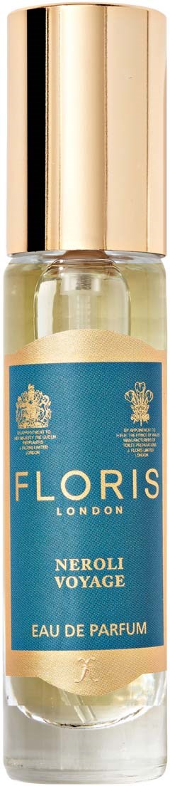 Small perfume bottle with blue label and gold cap, labeled Floris London Neroli Voyage Eau de Parfum.