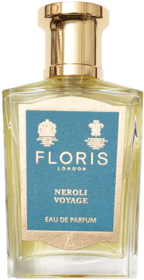 Een parfumfles met een gouden dop, blauw label en doorzichtig glas, gelabeld 'Floris Neroli Voyage Eau de Parfum.'