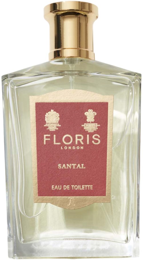 Eine klare Glas-Parfümflasche mit goldenem Verschluss, beschriftet 'Floris London Santal Eau de Toilette'.