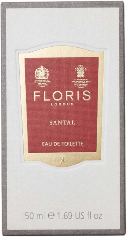 Een doos met een parfumlabel voor Floris London Santal Eau de Toilette, 50 ml, met ontwerp en tekst.