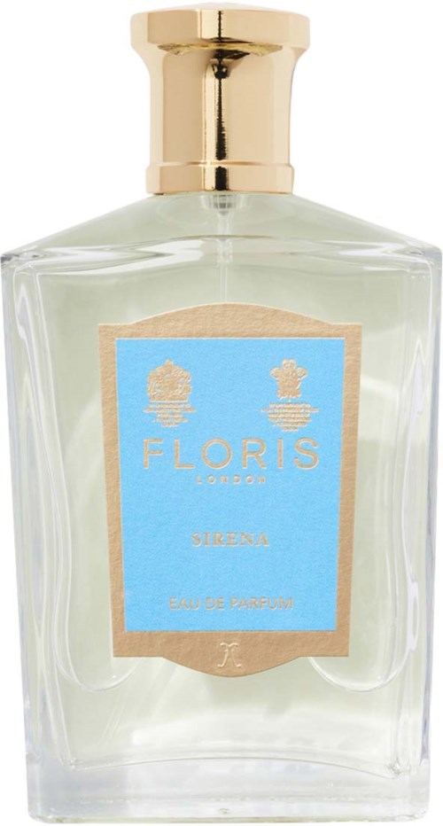 A perfume bottle with a gold cap, clear glass, and a blue label reading "Floris Sirena Eau de Parfum."