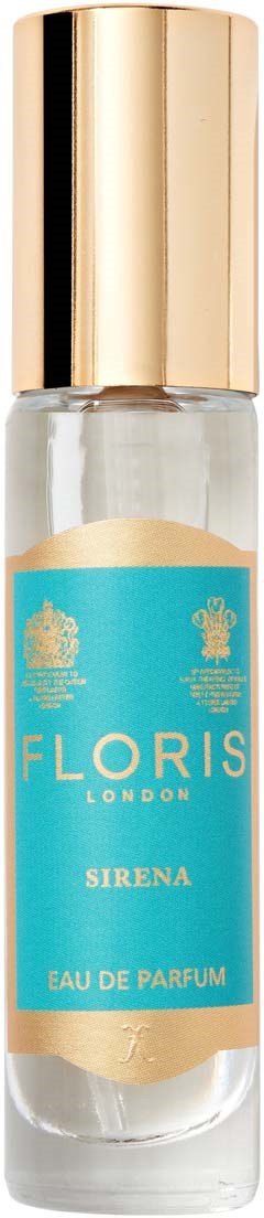 Eine kleine Parfümflasche mit goldener Kappe und blauer Etikette, namens Floris Sirena Eau de Parfum.