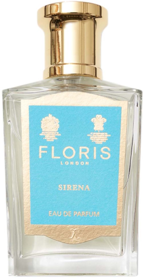 Een heldere glazen parfumfles met een gouden dop, een blauw label en de woorden 'Floris London Sirena Eau de Parfum'.