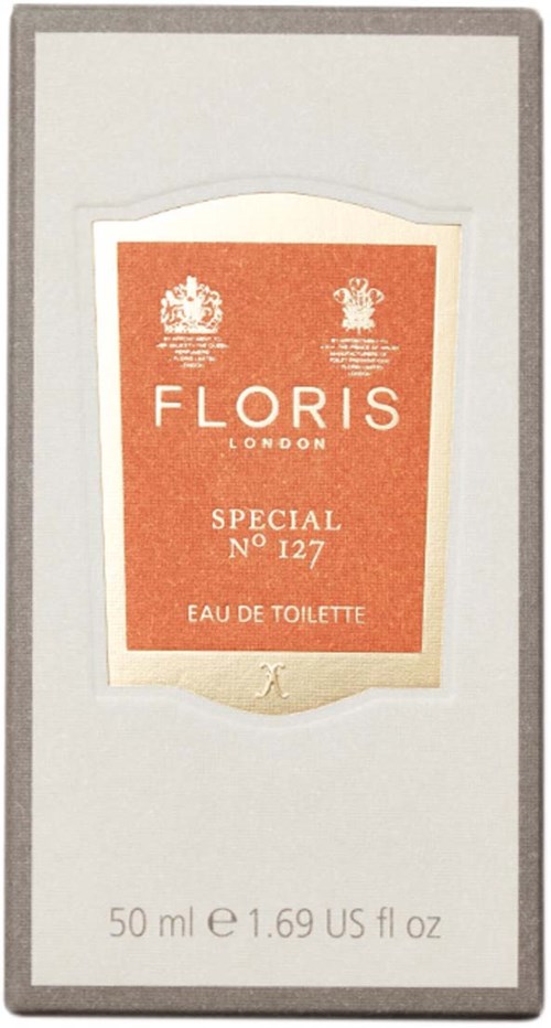 Pudełko Floris London Special Eau de Toilette, 50 ml, z czerwoną etykietą i srebrną ramką, pokazuje szczegóły produktu.