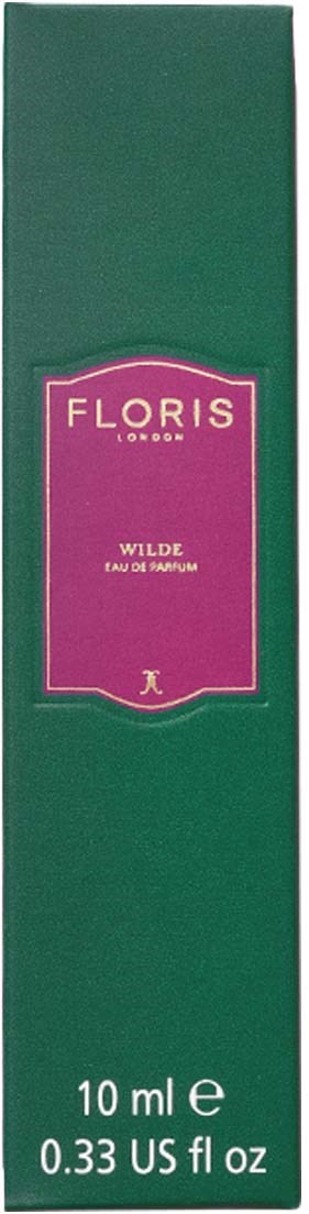 Ein langer grüner Karton mit einem pinken Etikett, das die Marke Floris und den Duft Wilde zeigt. Es enthält 10 ml Parfüm.