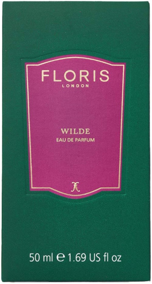 Groene doos met roze label voor Floris London parfum, genaamd Wilde. Bevat 50 ml.