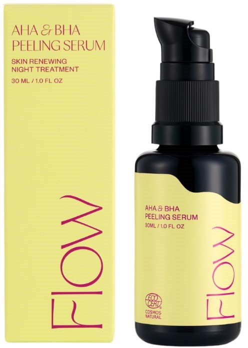 Een gele doos en een donker flesje met pomp, beiden gelabeld 'FLOW AHA & BHA Peeling Serum.'