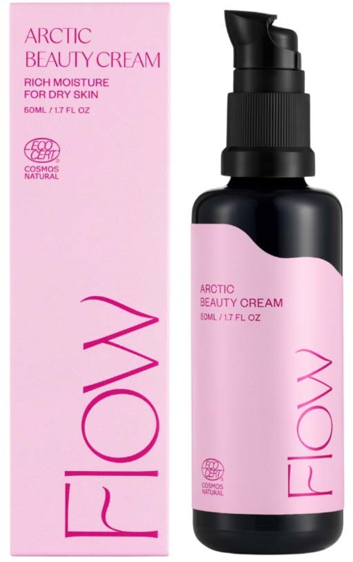 Een zwarte pompflacon met roze etiket en bijpassend roze doosje, beiden gelabeld 'Arctic Beauty Cream.'