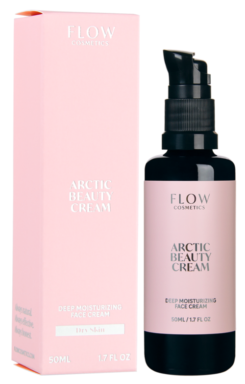 Een roze doos en een zwarte fles Flow Arctic Beauty Cream voor gezicht, gelabeld als diep hydraterende voor droge huid.