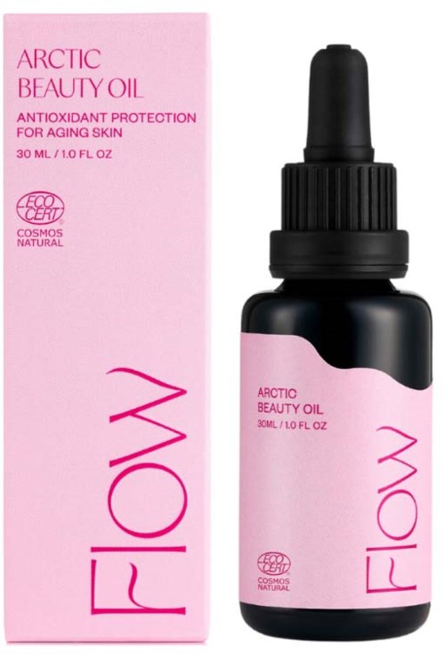 Een zwarte fles en roze doos van Arctic Beauty Oil, met druppeldop en eenvoudige tekst.