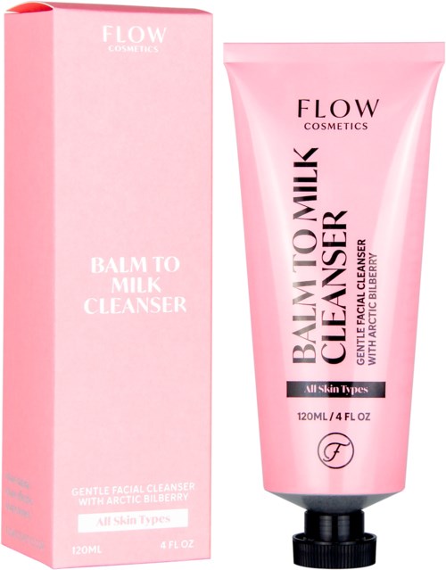 Roze tube en doos voor FLOW cosmetics Balm to Milk Cleanser met Arctic Blueberry. Geschikt voor alle huidtypes.