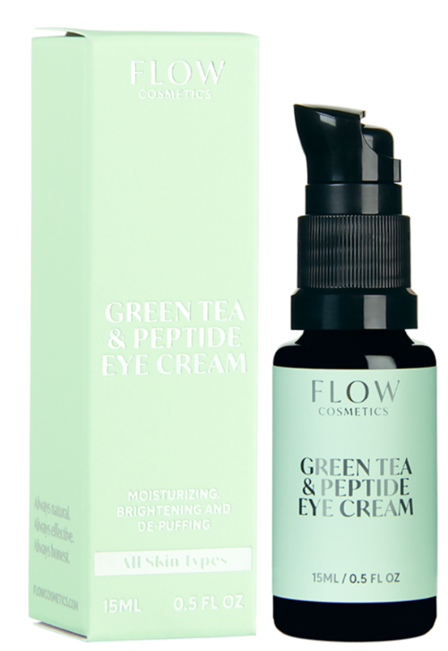 Een groene en zwarte fles met pomp, naast een groene doos, gelabeld als Green Tea en Peptide Eye Cream.