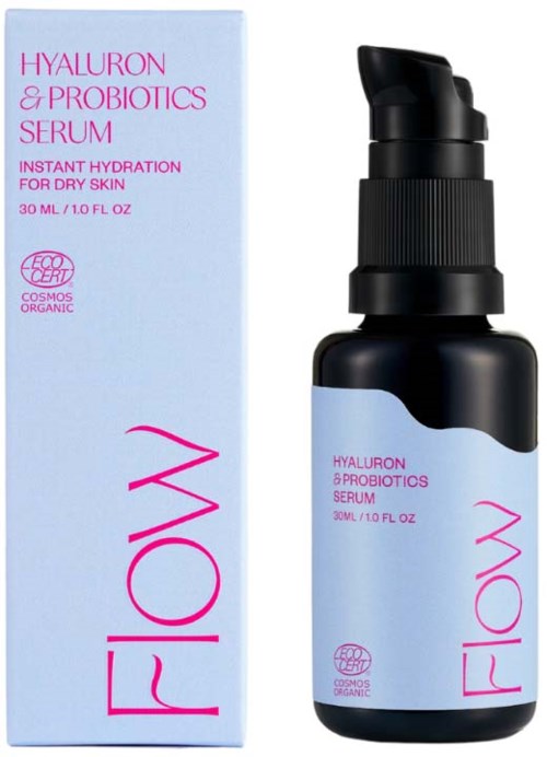 Serumfles en doos met 'Hyaluron & Probiotics' voor hydratatie, roze en blauw kleuren, met pompontwerp.