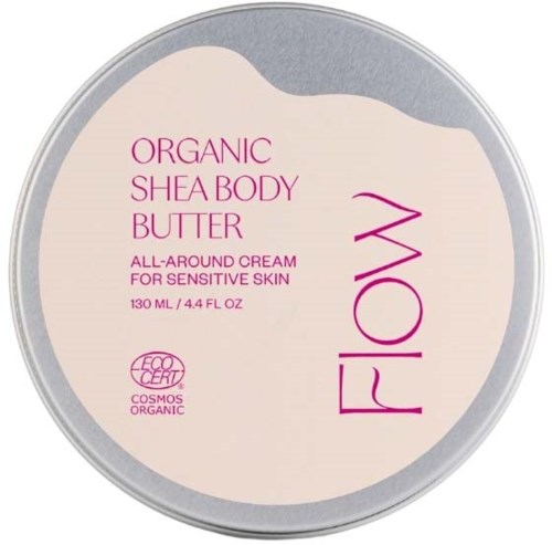 Shea bodybutter container met label die biologische en gevoelige huidcrème promoot, 130 ml.