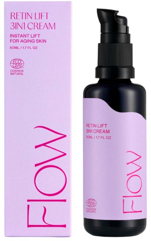 Roze doos en flesje retinolcrème voor oudere huid met dispenser.