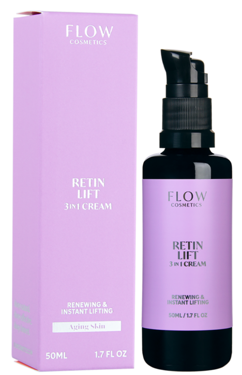 Paars doosje en flesje van FLOW Cosmetics Retin Lift 3-in-1 crème voor huidlifting en verjonging.
