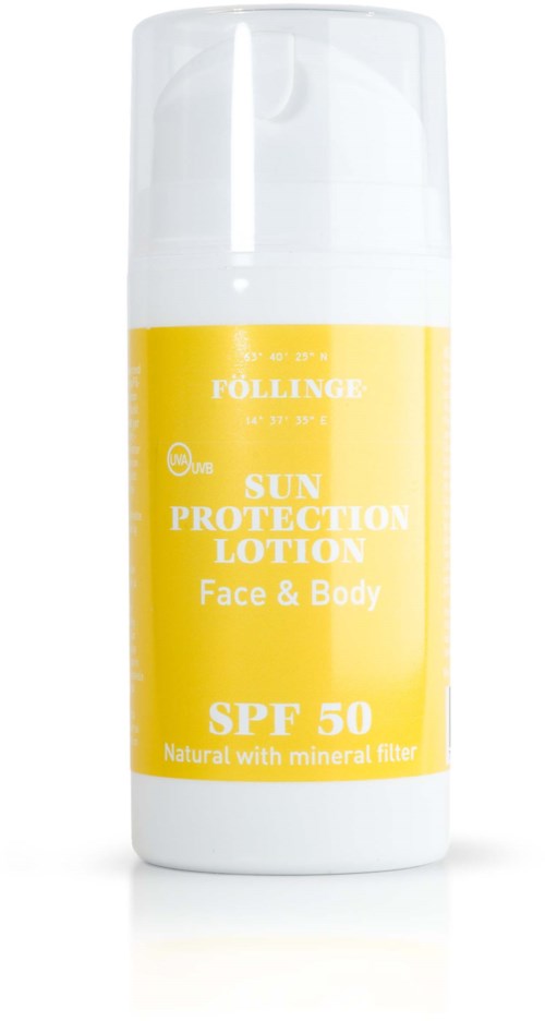 Een witte en gele fles voor zonnebrandcrème voor gezicht en lichaam met SPF 50.