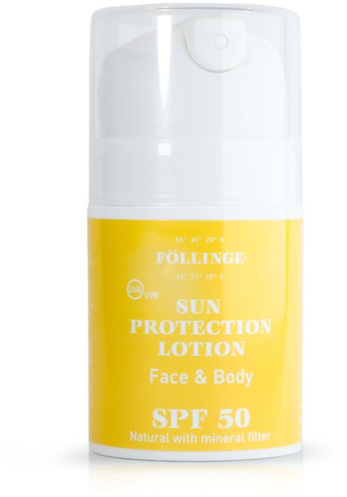 Geel en wit flesje zonnebrandlotion voor gezicht en lichaam met SPF 50.