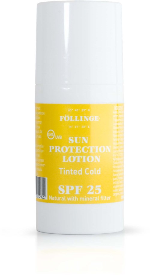 Een witte en gele fles zonnebrandcrème met SPF 25 voor koud weer.