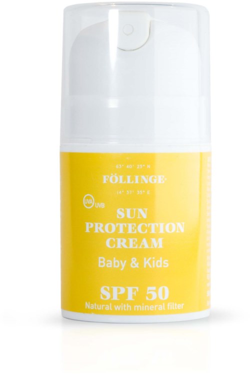 Eine gelbe und weiße Flasche mit Sonnencreme für Babys und Kinder mit SPF 50 und Mineralfilter.