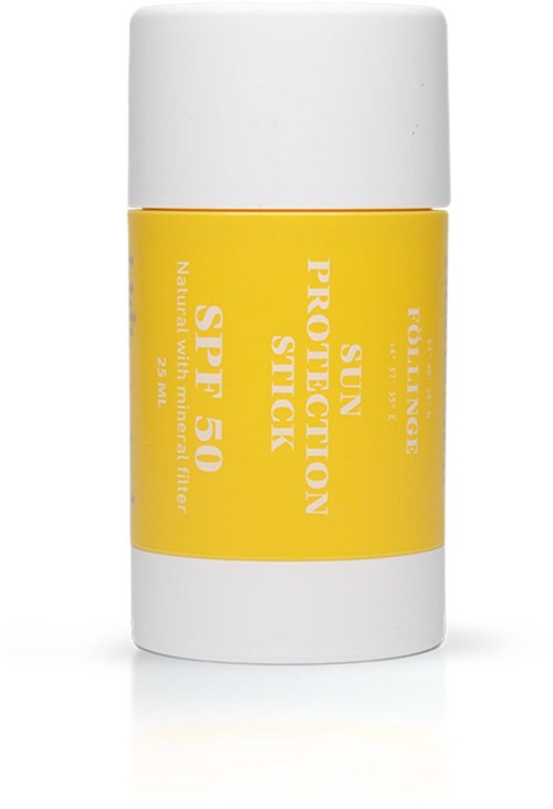 Een gele en witte zonnebrandstick met SPF 50 voor bescherming tegen de zon.
