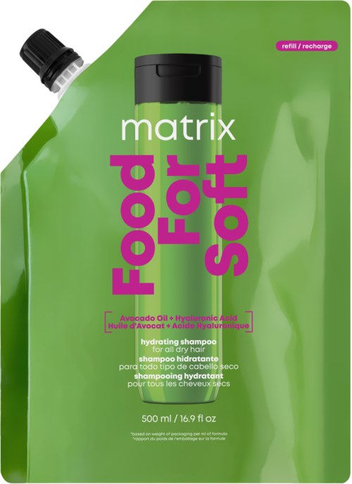 Recycling pouch of Matrix Food For Soft hydrating shampoo for dry hair with black flip-top cap and green packaging.