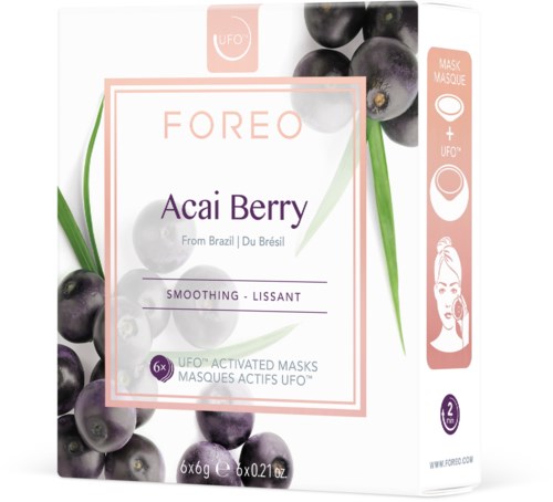 Huidverzorgingsdoos met bosbessenillustratie, bevat zes acne maskers met natuurlijke ingrediënten uit Brazilië, voor een gladde huid.