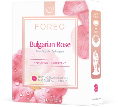 Een huidverzorgingsproduct met Bulgaarse Roos, met afbeeldingen van rozen en instructies voor een masker. Schone roze en witte kleuren.