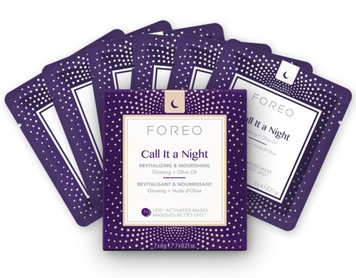 Vijf verpakkingen huidverzorgingsmaskers genaamd 'Call It a Night' van FOREO met Ginseng en Olijfolie.
