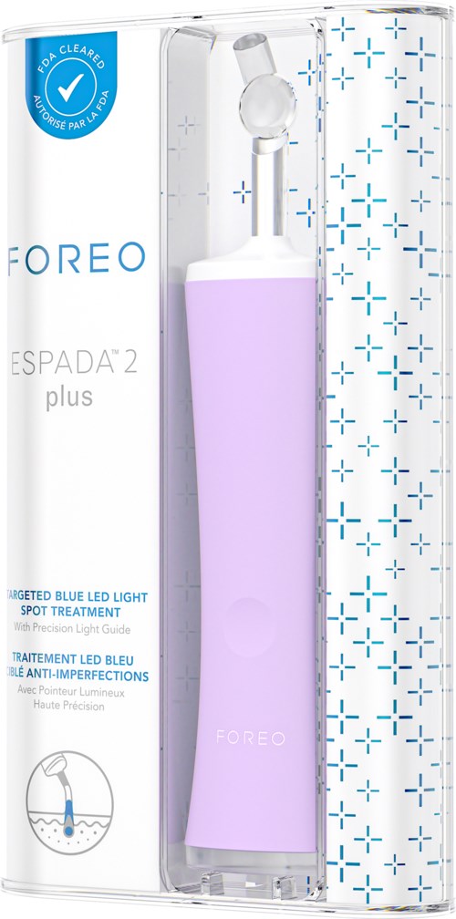 Een roze-paars apparaat in doorzichtige verpakking, genaamd Foreo Espada 2 Plus, gebruikt voor huidverzorging met blauw LED-licht.