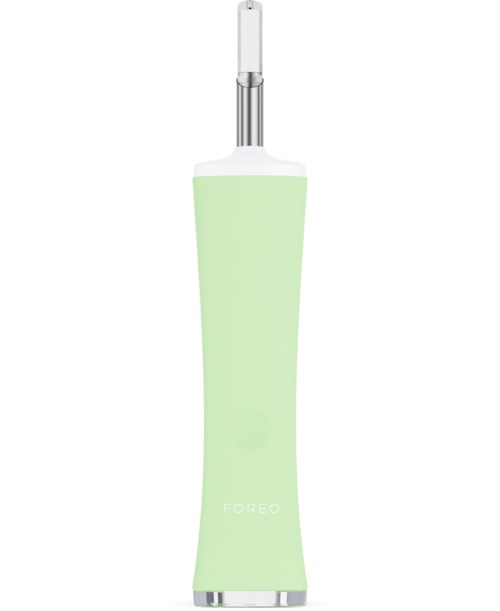 Een mintgroene apparaat met een witte bovenkant en zilveren hals, waarschijnlijk voor tandreiniging, merk FOREO.