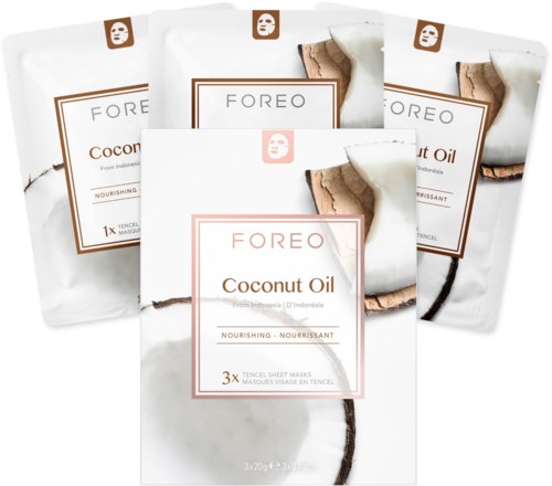Vier verpakkingen van FOREO kokosolie-velletjes maskers met kokosafbeeldingen en productdetails op witte achtergrond.