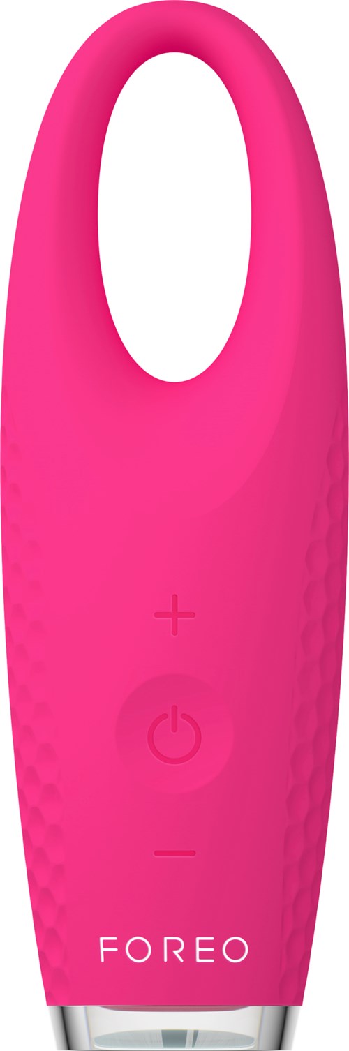 A pink device with a loop handle, three buttons, and the label "FOREO" at the bottom.